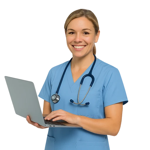 una enfermera sosteniendo un computador haciendo un curso